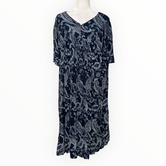 Go Softly Women's 2X Crinkle Rayon House Dress Navy Paisley Pocket Zip Front - Picture 1 of 10